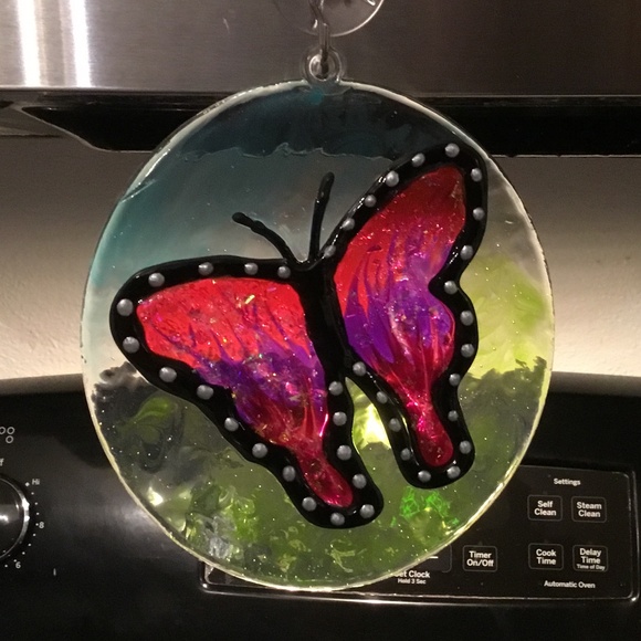 Hand Painted Stained Glass Butterfly on 5 X 5 1/2 inch Acrylic oval - Picture 2 of 3